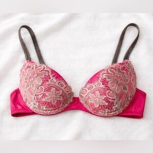 Eyelash Chantilly Lace Magenta Silky Satin Padded Bra 34A